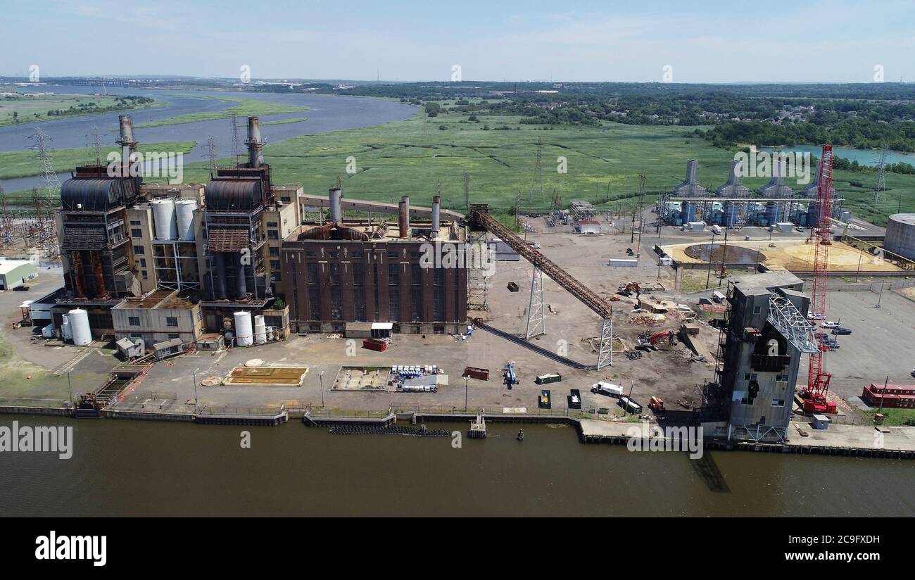 Aerial view of old Coal Power Plant being dismantled in Sayreville, NJ Stock Photo