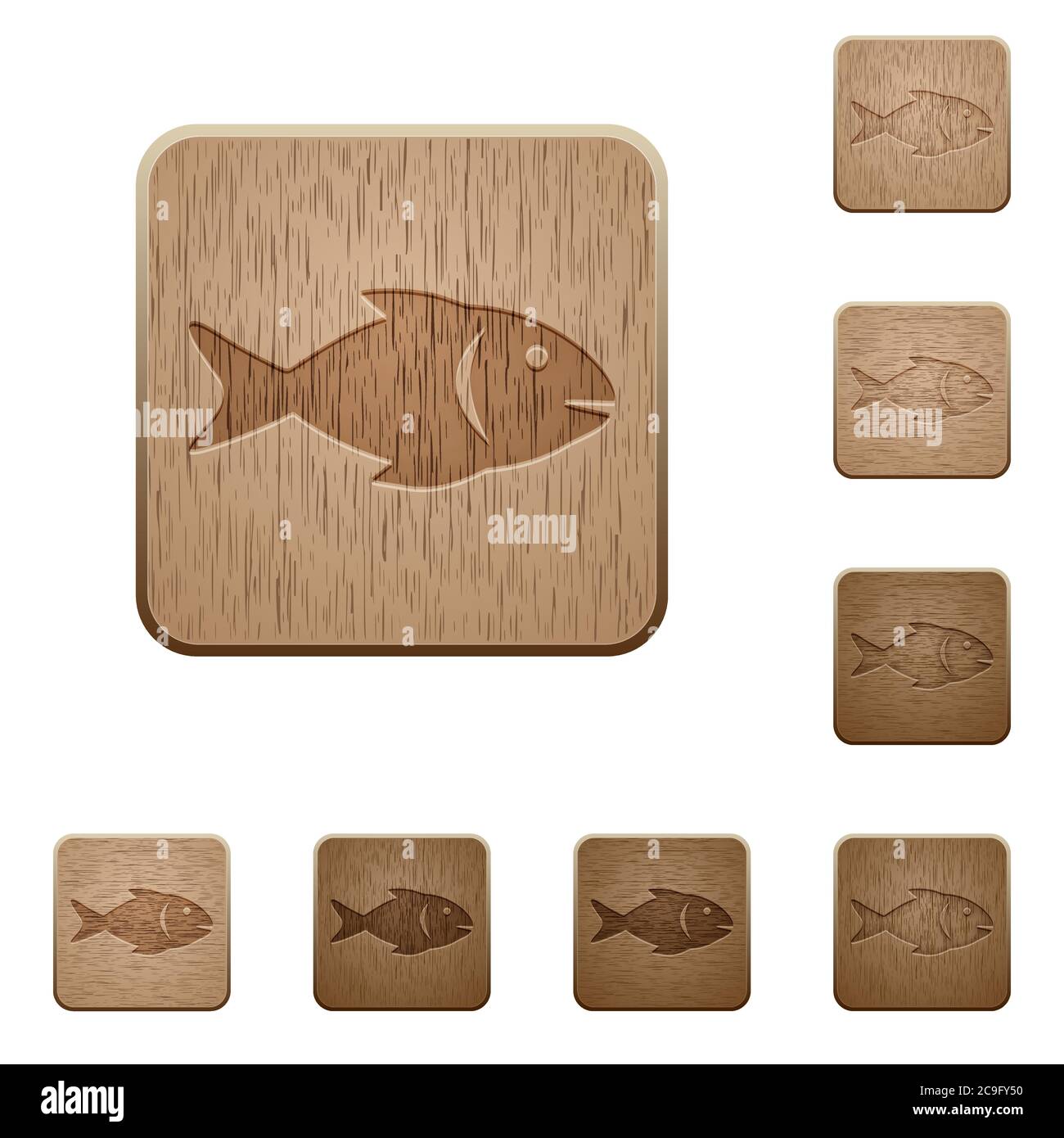 Fish on rounded square carved wooden button styles Stock Vector
