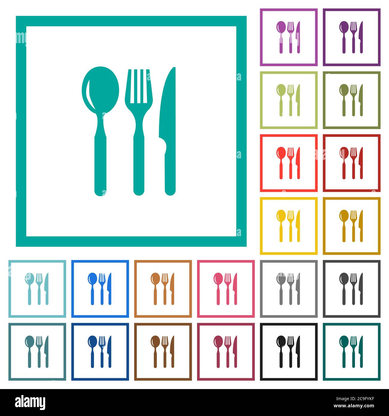Restaurant flat color icons with quadrant frames on white background Stock Vector