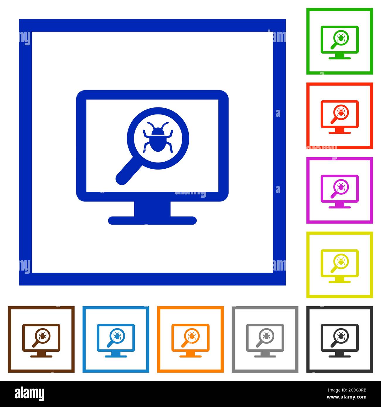 Spyware scanning flat color icons in square frames on white background Stock Vector