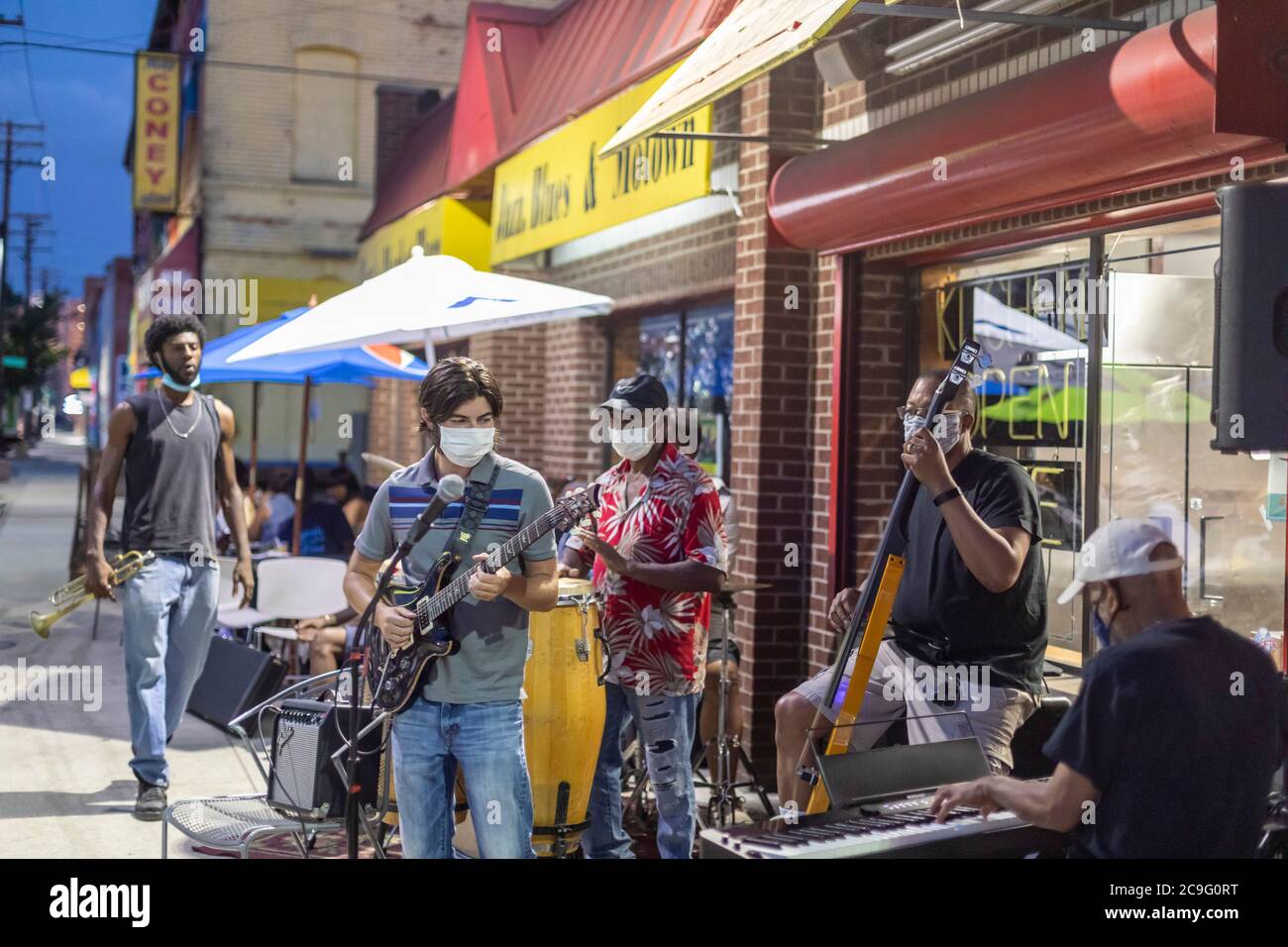 Detroit, Michigan - Bert's Jazz Club, a popular venue in the Eastern Market district, has moved entertainment and dining outside during the coronaviru Stock Photo