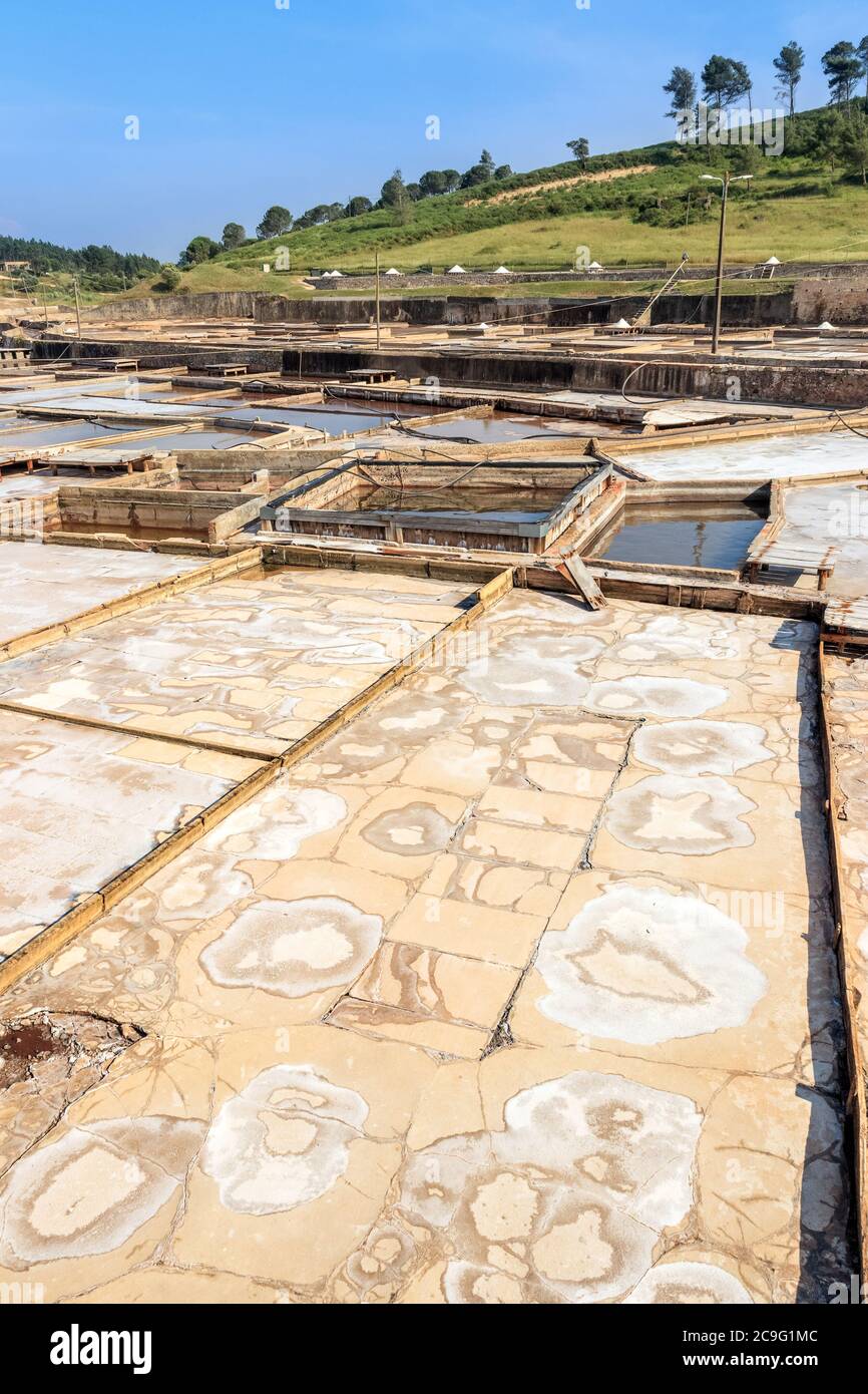 Detail view of the compartments and concentrators of the Rio Maior salt flats in Portugal. Stock Photo