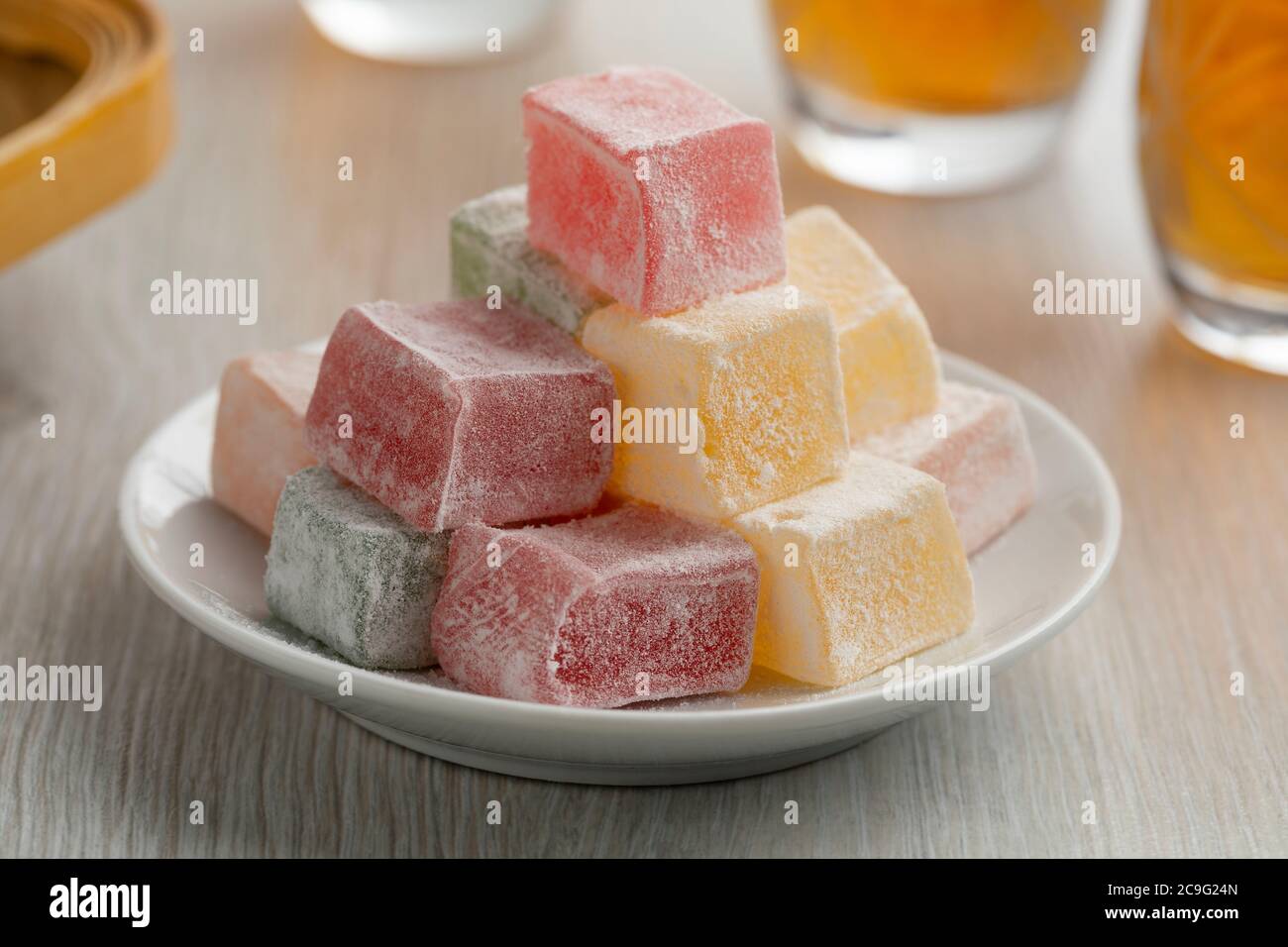 Turkish delight with a variation of taste and color close up served with tea Stock Photo