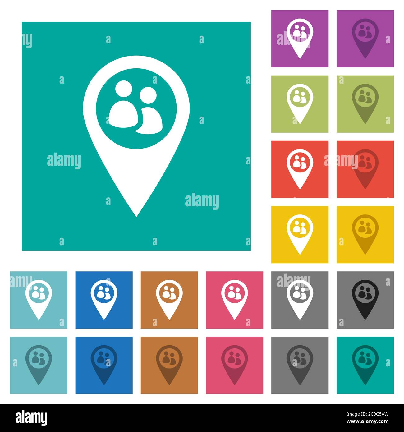 Fleet tracking multi colored flat icons on plain square backgrounds. Included white and darker icon variations for hover or active effects. Stock Vector