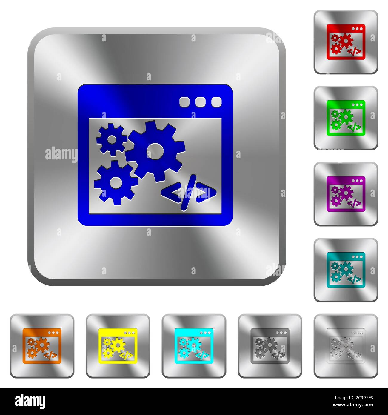 Application programming interface engraved icons on rounded square glossy steel buttons Stock Vector