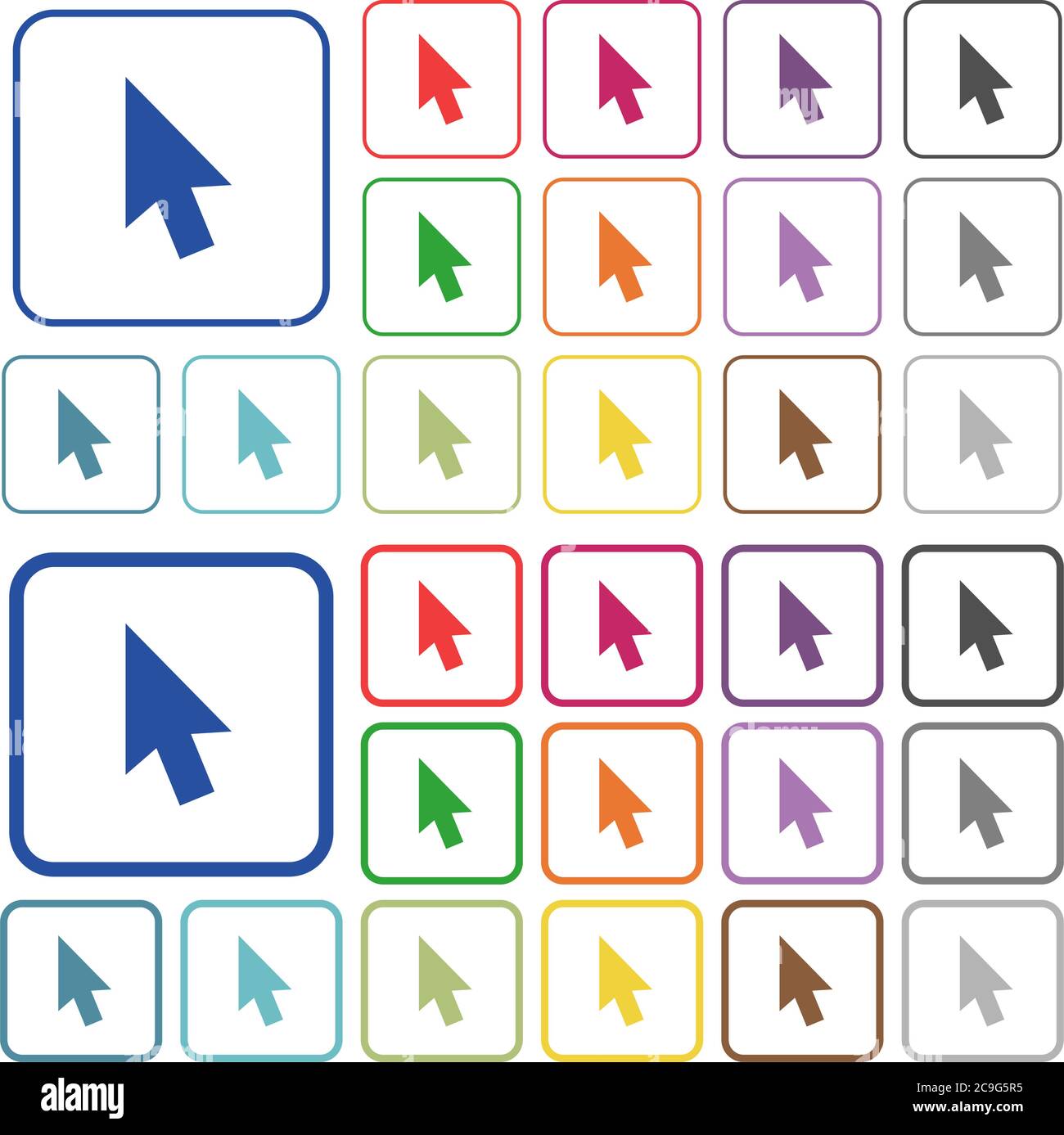 Mouse cursor color flat icons in rounded square frames. Thin and thick versions included. Stock Vector