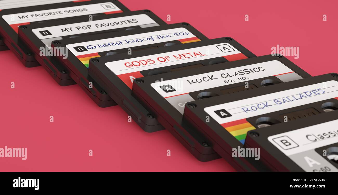 Various cassette tapes with retro recorded music Stock Photo Alamy