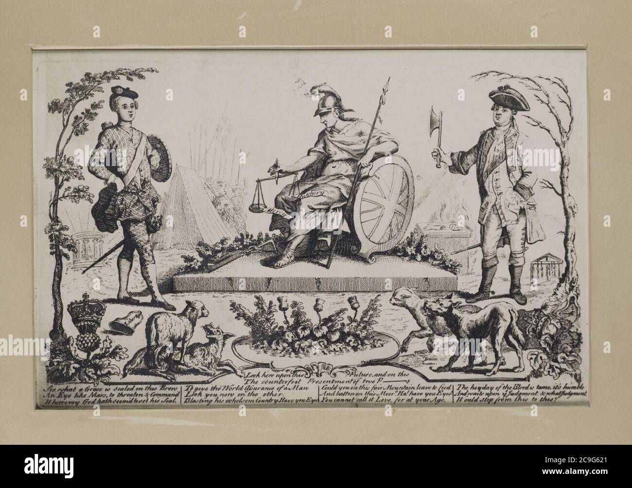 Jacobite broadside - Britannia sitting between Prince Charles and Cumberland weighing Mercy and Butchery. Stock Photo