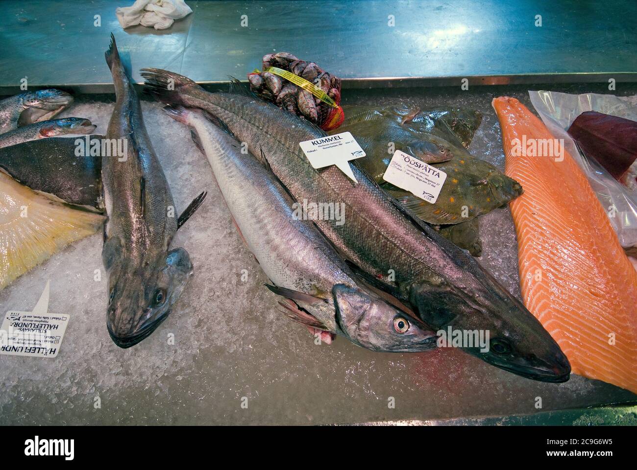 Fishes for sale at Feskekörka Fish Market, Gothenburg, Sweden Stock Photo