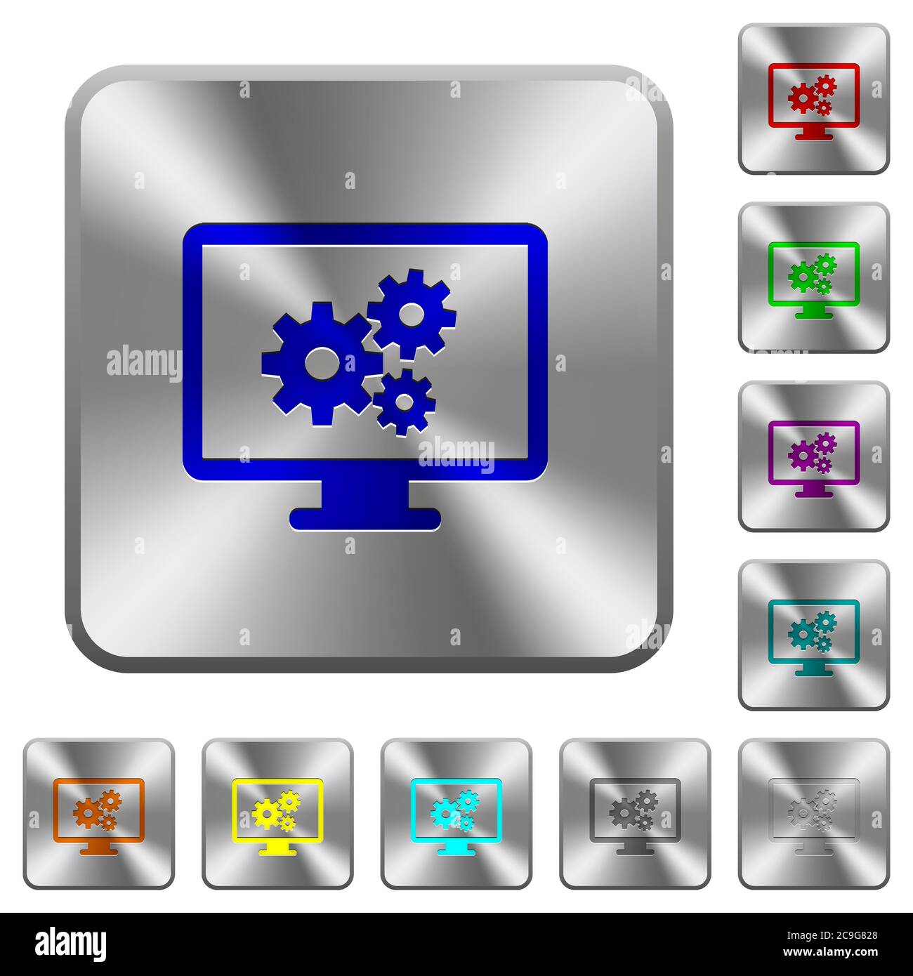 Screen settings engraved icons on rounded square glossy steel buttons Stock Vector