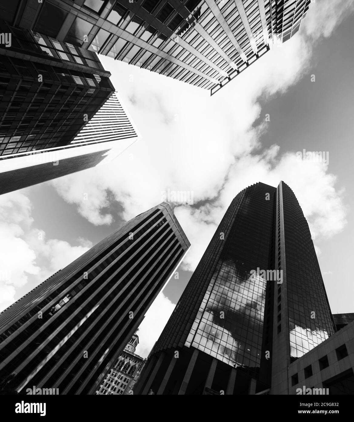 Tall skyscrapers in downtwon San Francisco in black and white effect