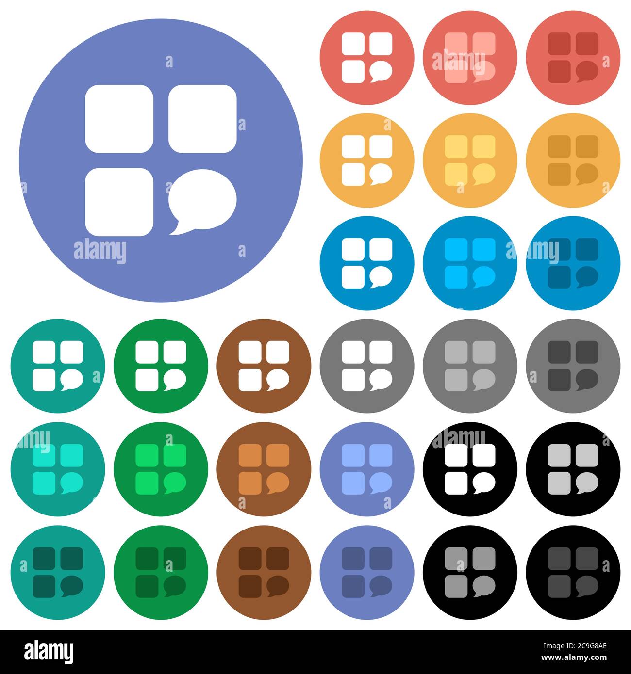 Message component multi colored flat icons on round backgrounds. Included white, light and dark icon variations for hover and active status effects, a Stock Vector