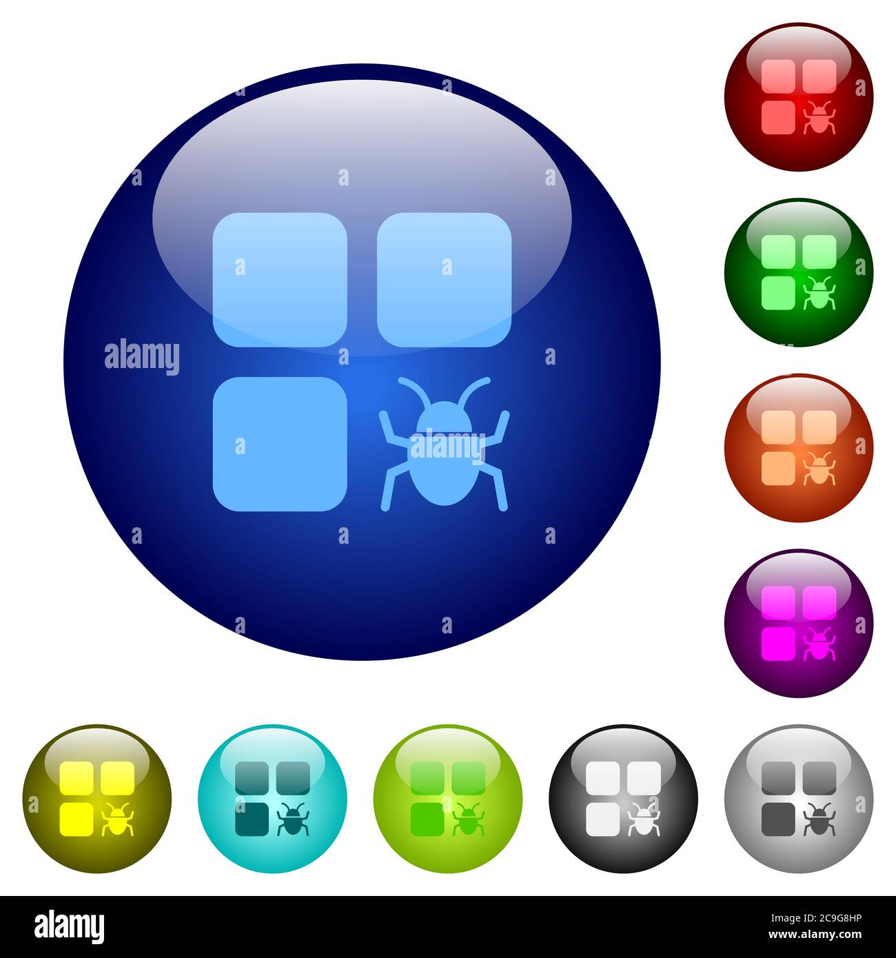 Component bug icons on round color glass buttons Stock Vector