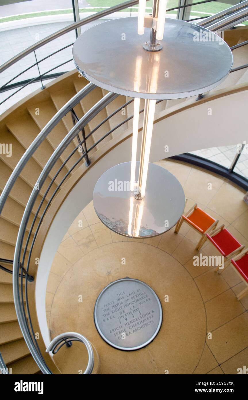 Spirla staircase at De La Warr Pavilion an Art Deco building in Bexhill On Sea, East Sussex designed by erich mendelsohn and serge chermayeff, constructed 1935. Stock Photo
