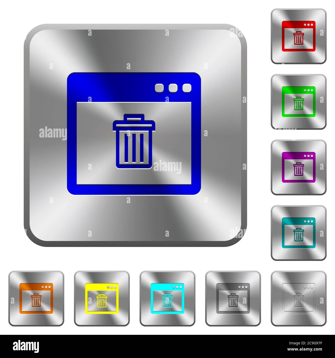 Application delete engraved icons on rounded square glossy steel buttons Stock Vector