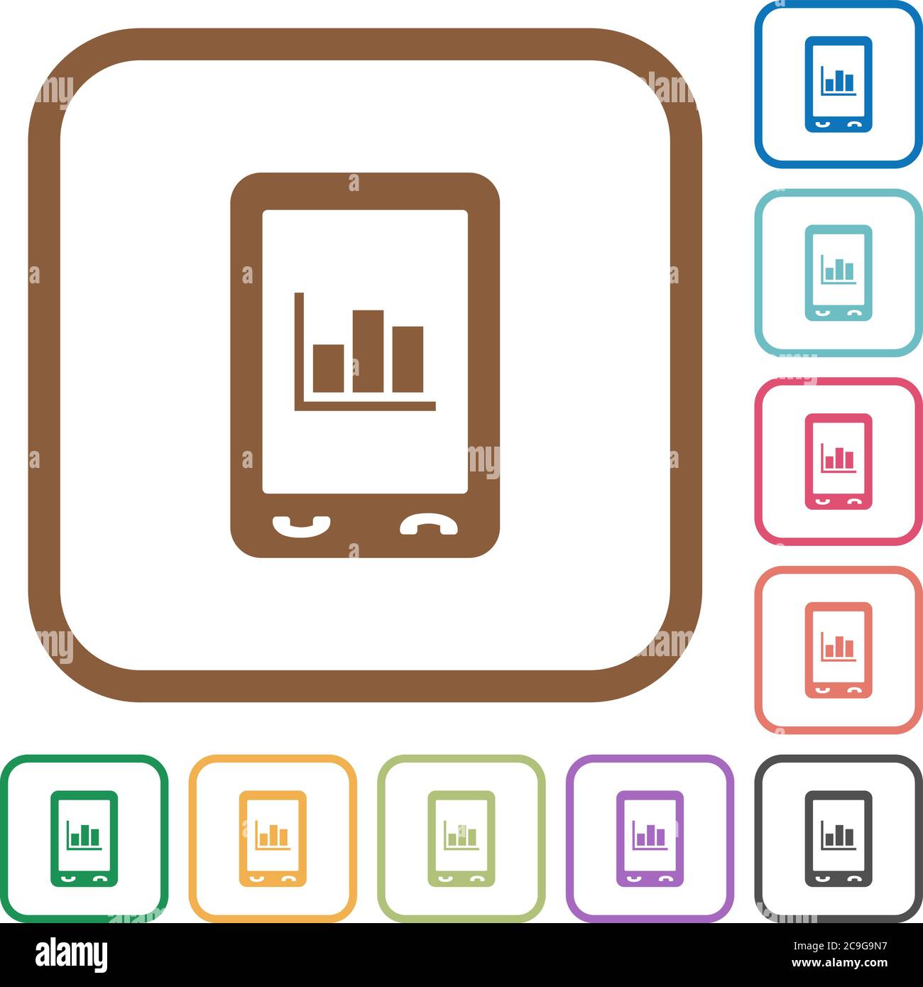 Mobile statistics simple icons in color rounded square frames on white ...