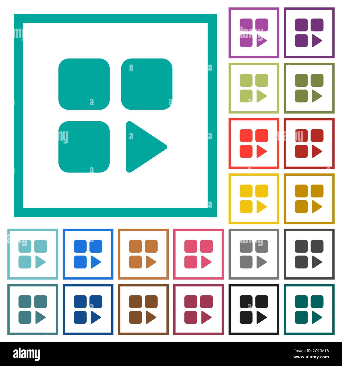 Component play flat color icons with quadrant frames on white background Stock Vector
