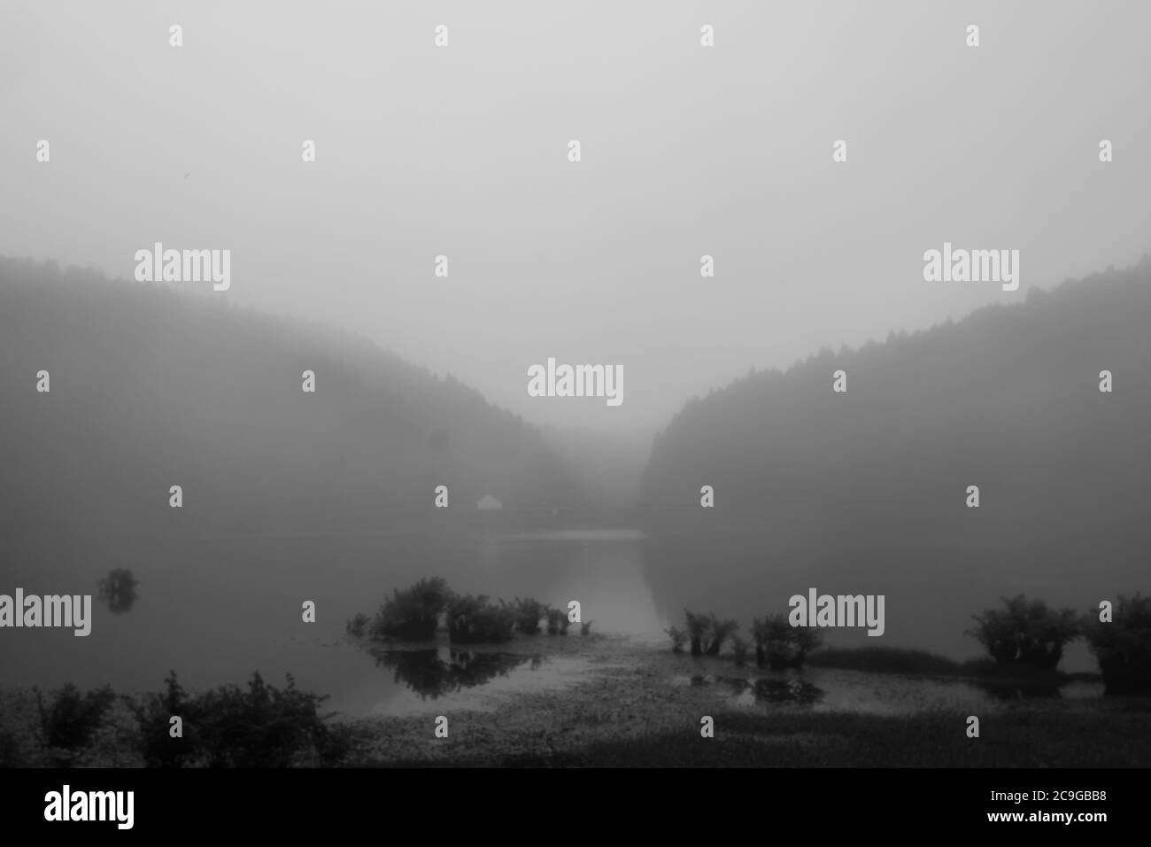 Foggy and mysterious landscape of Lagoons in São Miguel Island, Azores, Portugal Stock Photo
