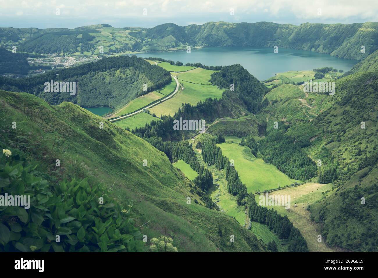 Aerial view of Boca do Inferno - lakes in Sete Cidades volcanic craters on San Miguel island, Azores, Portugal Stock Photo