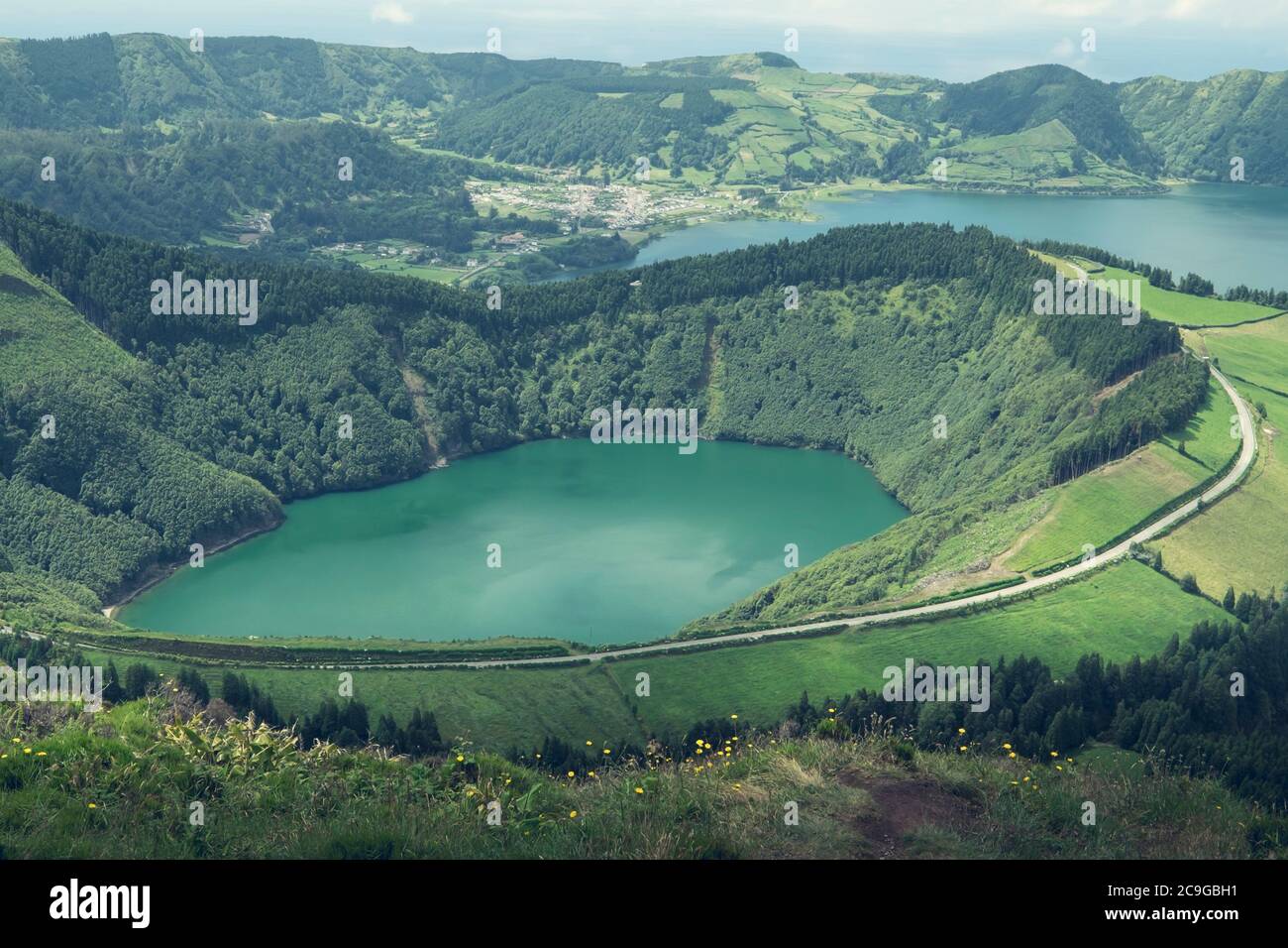 Aerial view of Boca do Inferno - lakes in Sete Cidades volcanic craters on San Miguel island, Azores, Portugal Stock Photo