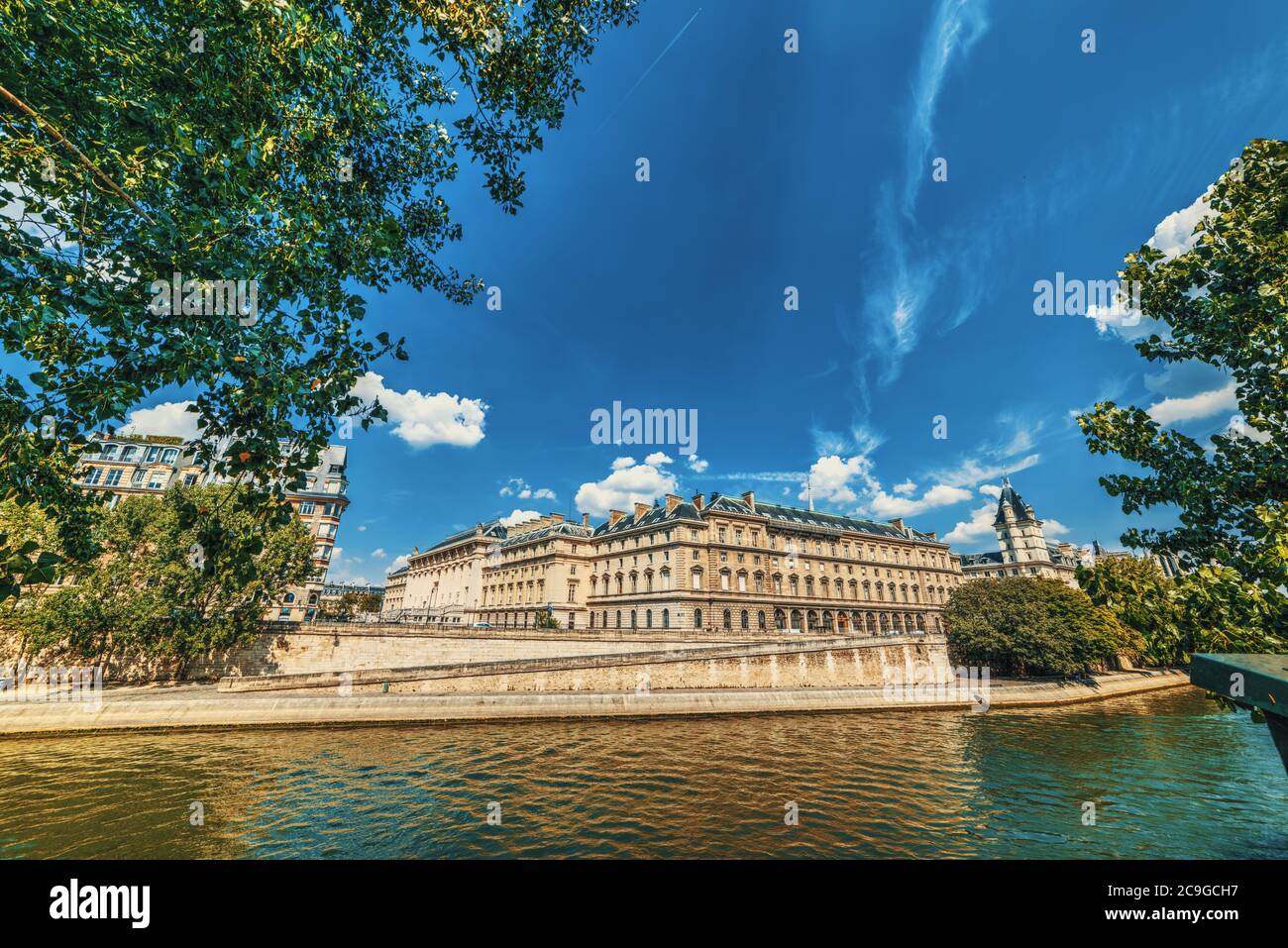 Police Judiciaire palace by Seine river in Paris, France Stock Photo