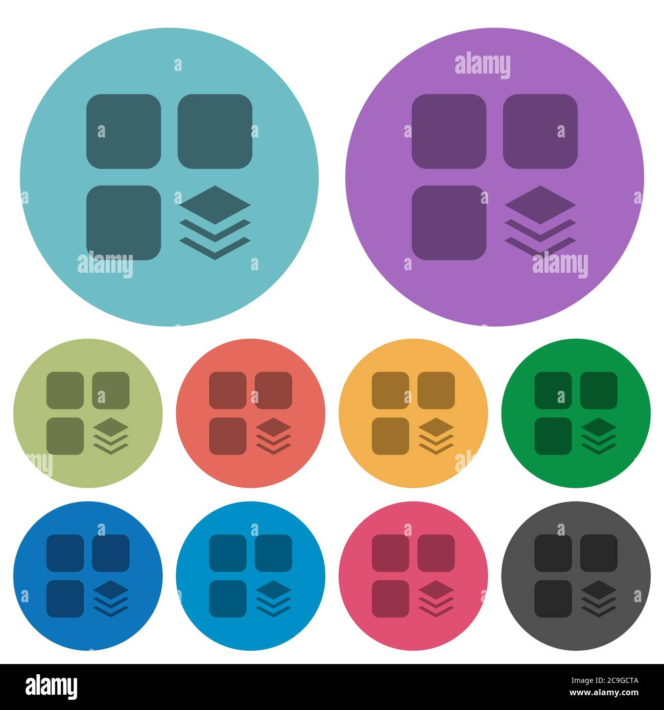 Multiple components darker flat icons on color round background Stock Vector
