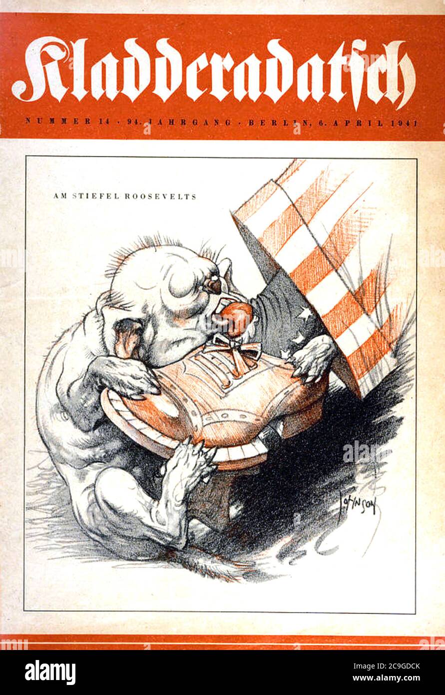 KLADDERADATSCH April 1941. German satirical magazine lampooning Churchill's attempts to involve the USA in the war. Stock Photo