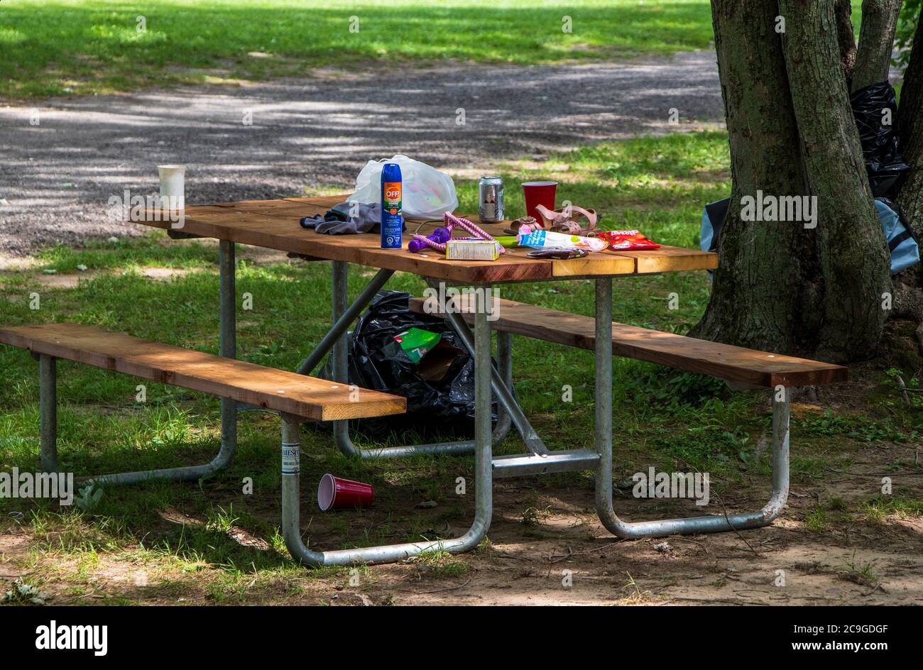 July 26, 2020- Roxton Falls, Qc, Canada: Rubbish let on a picnic table on a messy camping site, public park Stock Photo