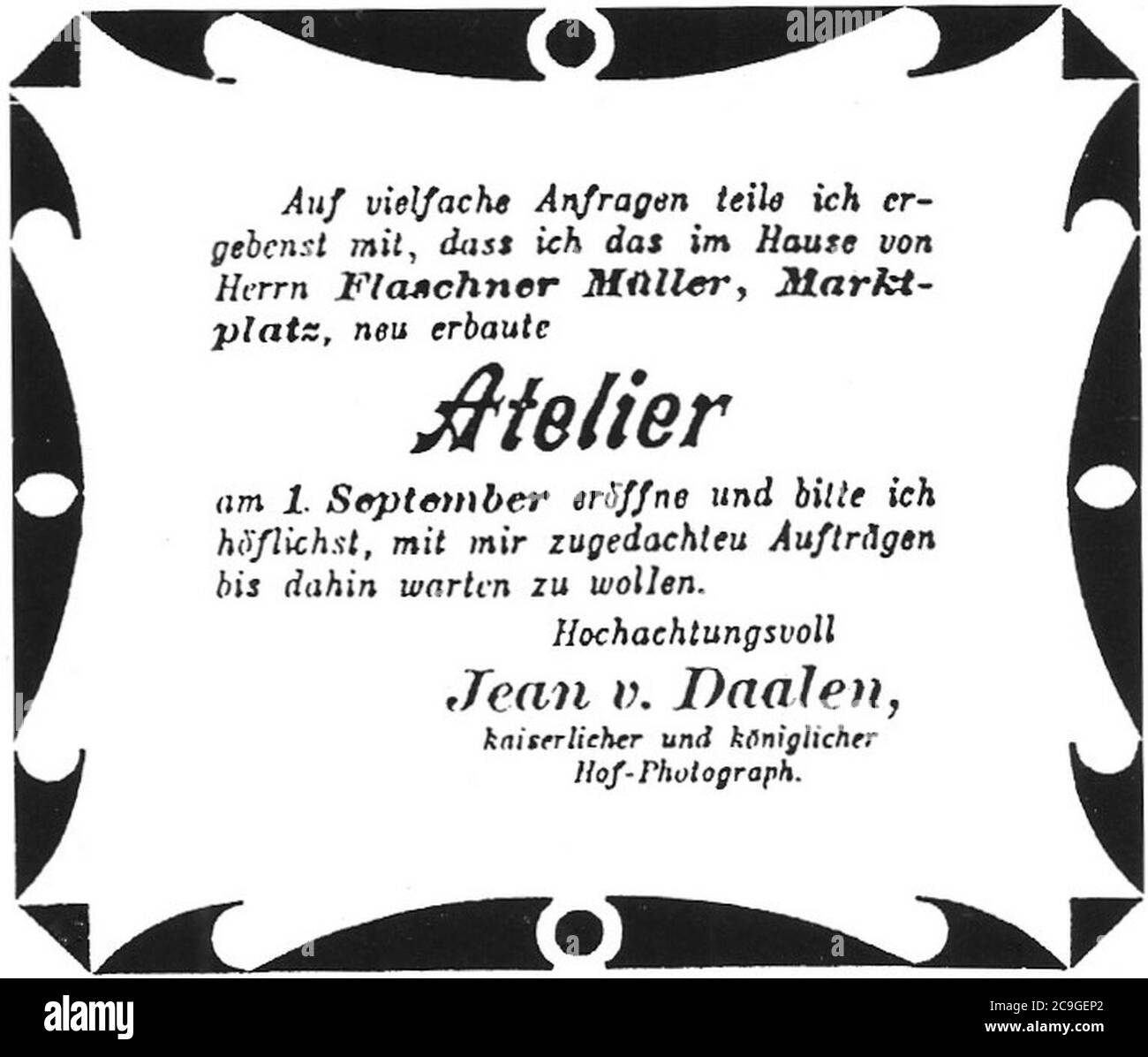 J v Daalen - Anzeige in Remszeitung vom 9.8.1890 (GPh31). Stock Photo