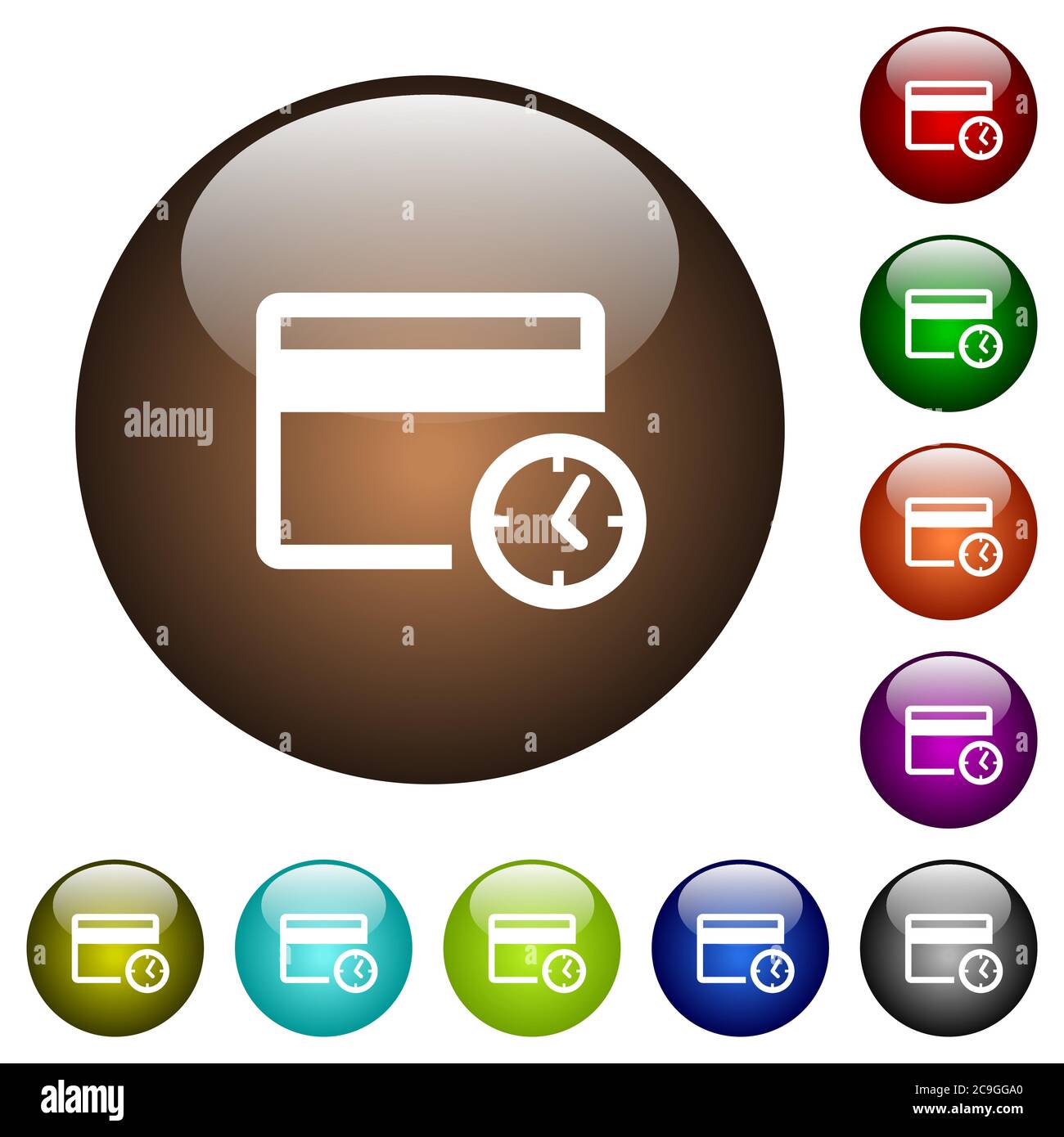 Credit card transaction history white icons on round color glass ...