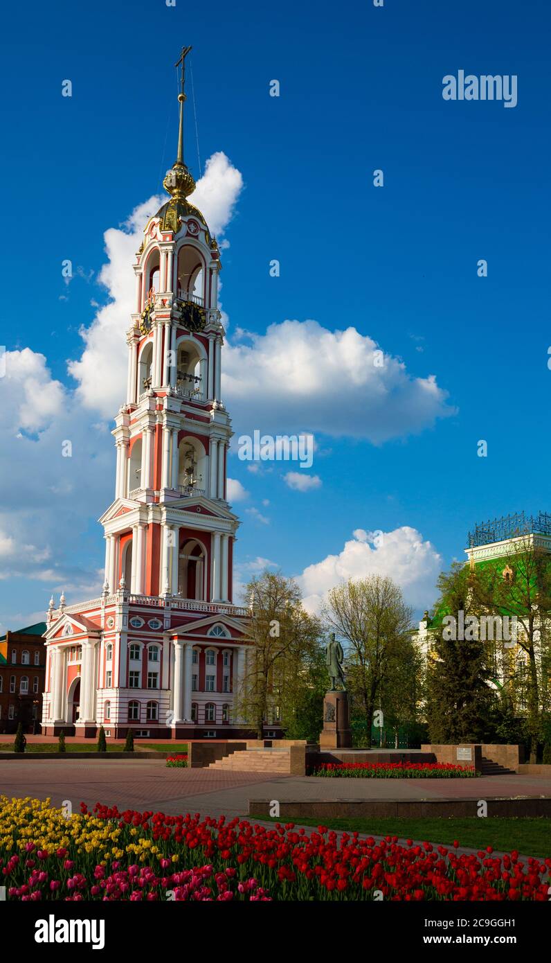 Picturesque spring Tambov cityscape with belfry of Orthodox Kazan Monastery, Russia Stock Photo