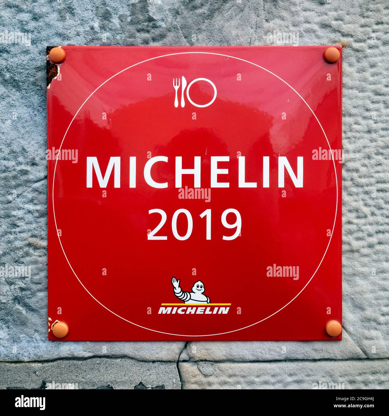 Michelin guide symbol outside The Wee Restaurant in North Queensferry, Fife, Scotland, UK Stock Photo