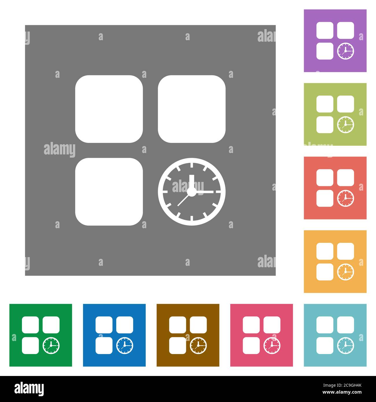 Component timer flat icons on simple color square backgrounds Stock Vector