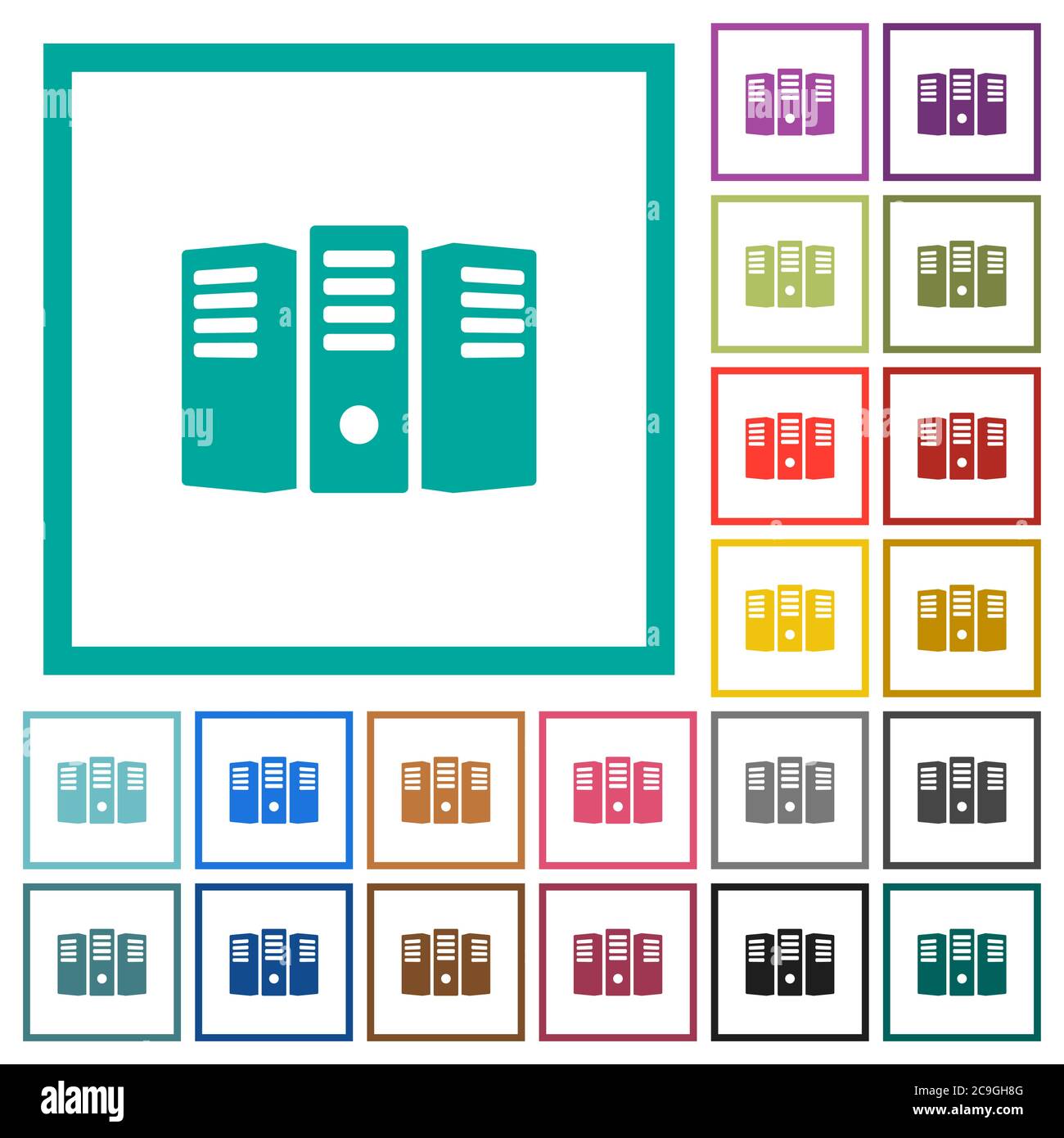 Server hosting flat color icons with quadrant frames on white background Stock Vector