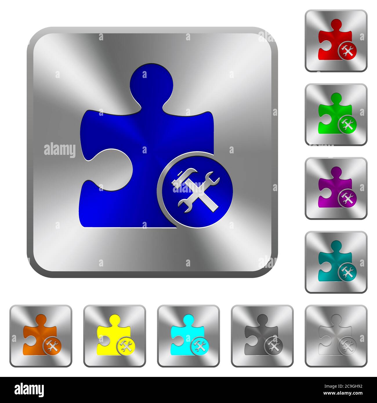 Plugin tools engraved icons on rounded square glossy steel buttons Stock Vector
