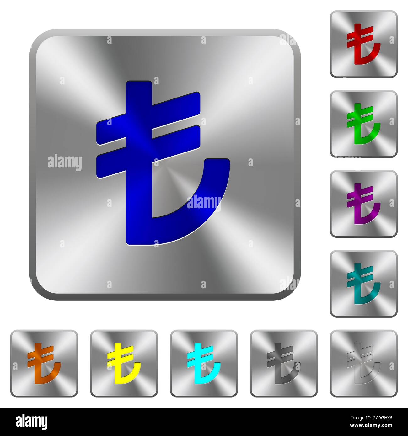 Turkish Lira sign engraved icons on rounded square glossy steel buttons ...