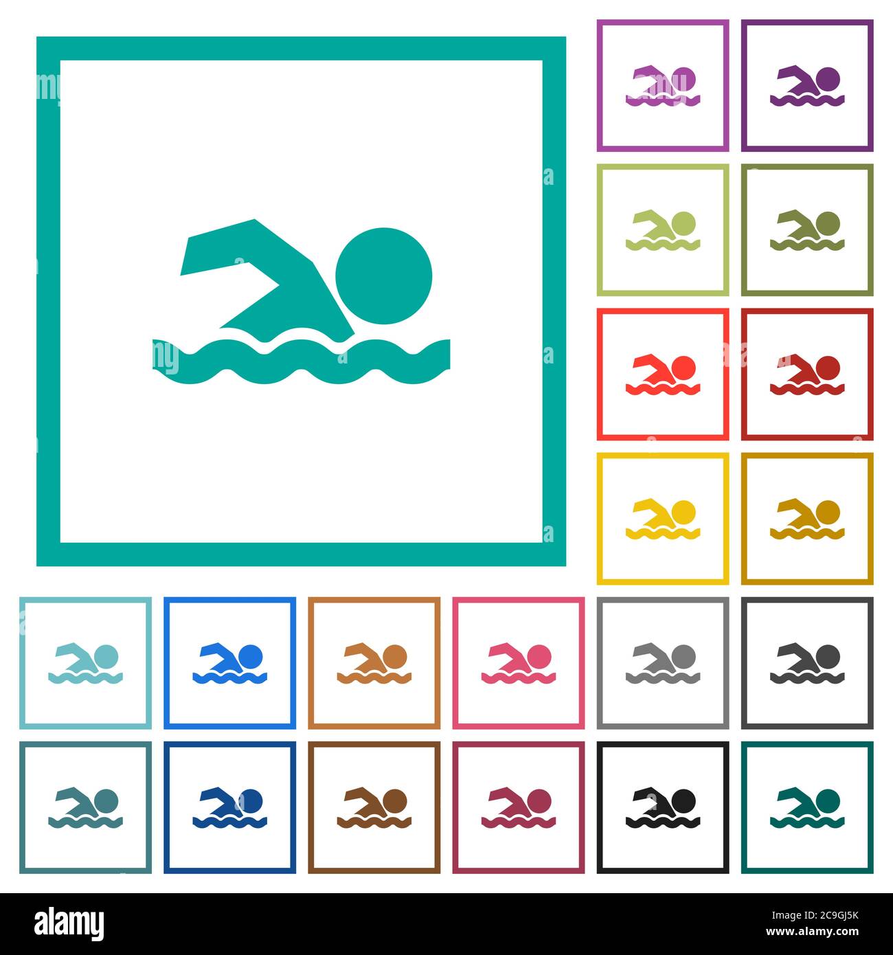 Swimming man flat color icons with quadrant frames on white background ...