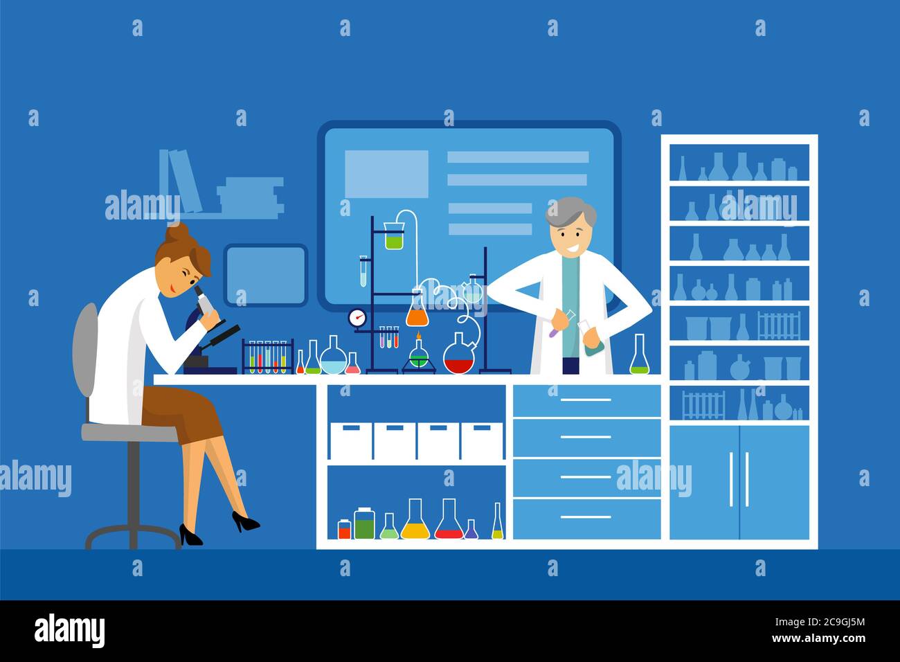 Illustration of scientists men and woman working at science lab Stock ...