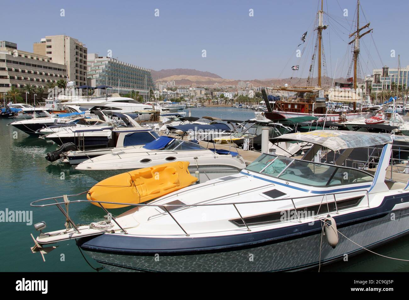 Yachts and boats in marina of Eilat. Israel April, 29-2017 Stock Photo