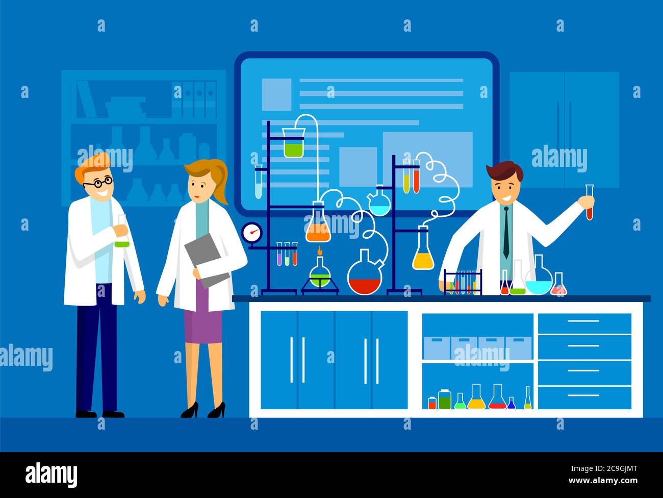 Illustration of scientists two men and woman at science lab Stock Photo ...