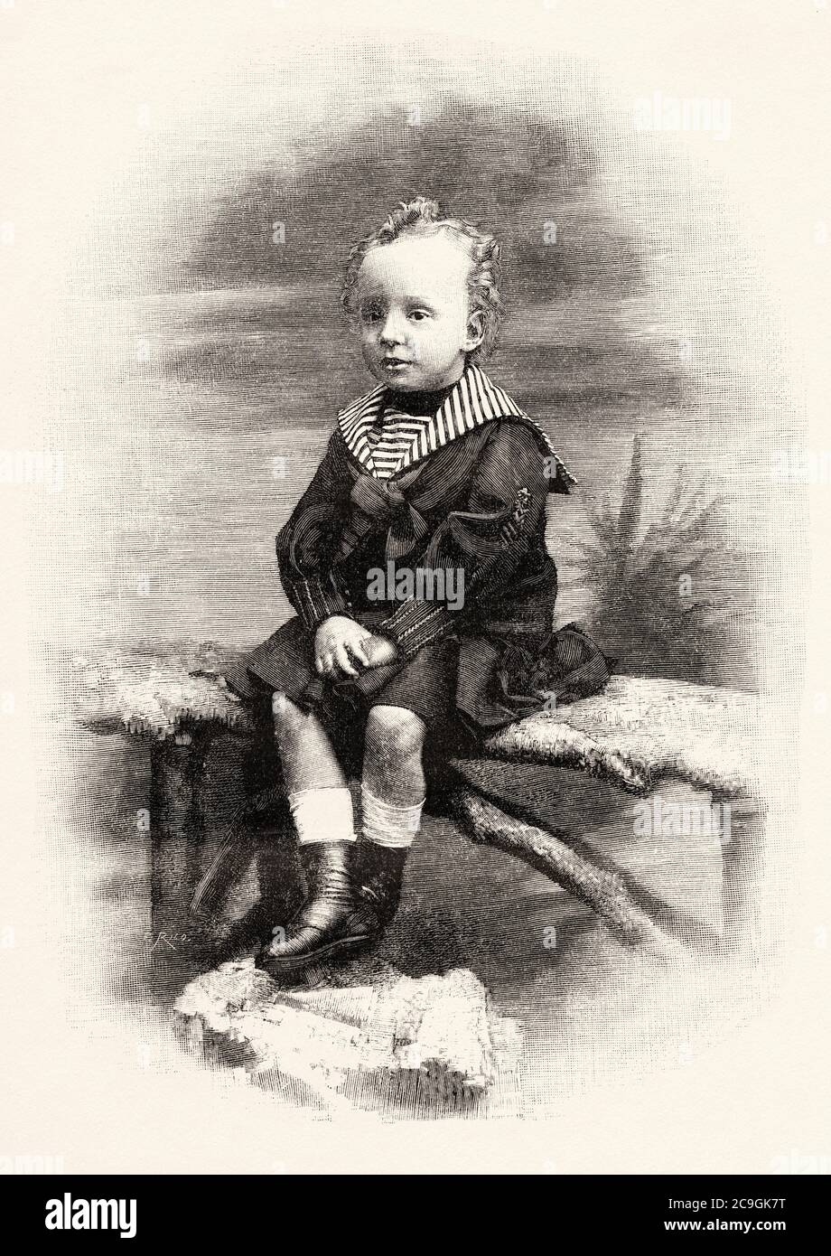Portrait of Alfonso XIII of Spain (Madrid 1886 - Rome 1941) king of Spain from his birth until the proclamation of the Second Spanish Republic on April 14, 1931, Spain. Old XIX century engraved illustration from La Ilustracion Española y Americana 1890 Stock Photo