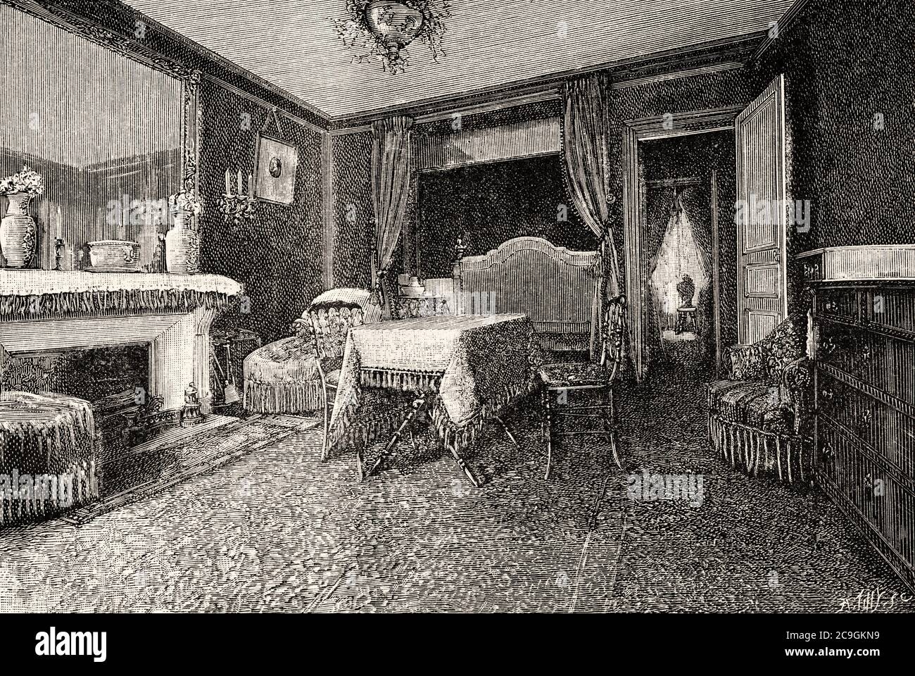 Cabinet and bedroom where the corpse of the victim was locked in the chest. Gouffé trunk. Millery bloody trunk, the Gouffé Case or the Eyraud-Bompard affair was an 1889 French murder case, Paris. France. Old XIX century engraved illustration from La Ilustracion Española y Americana 1890 Stock Photo
