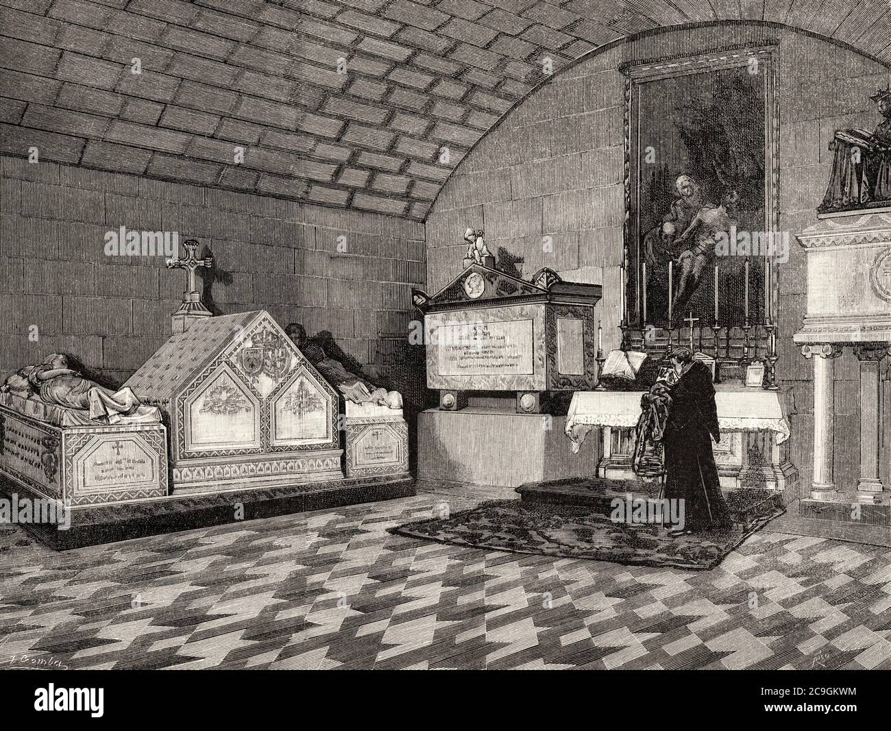Royal Crypt of the Monastery of San Lorenzo de El Escorial. Pantheon of infants, where is buried Antonio d'Orleans (1824-1890) Duke of Montpensier, Madrid. Spain. Old XIX century engraved illustration from La Ilustracion Española y Americana 1890 Stock Photo