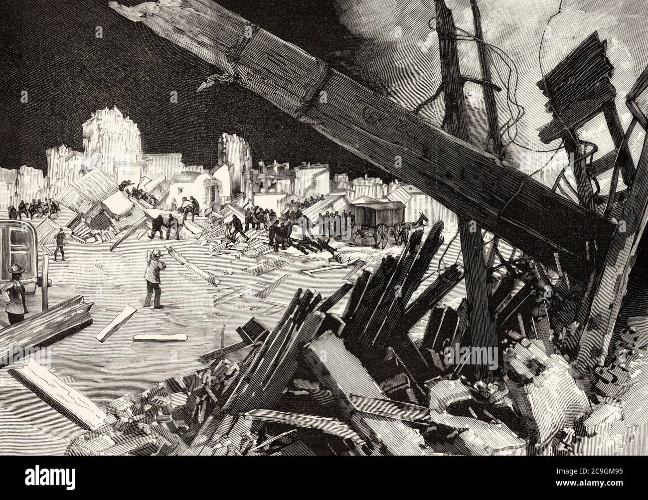 The middle Mississippi Valley tornado outbreak was a major tornado outbreak occurring in the middle United States on March 27, 1890. Old XIX century engraved illustration from La Ilustracion Española y Americana 1890 Stock Photo
