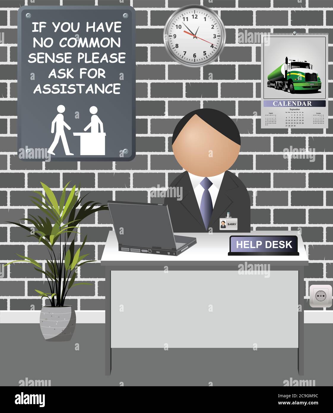 Comical male assistant at help desk for stupid people with no common sense Stock Vector
