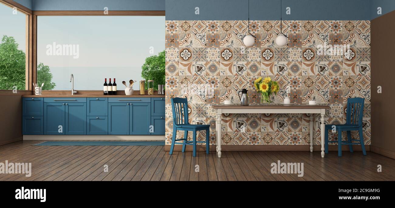 Kitchen under the window with table in front of a wall with vintage tiles - 3d rendering Stock Photo