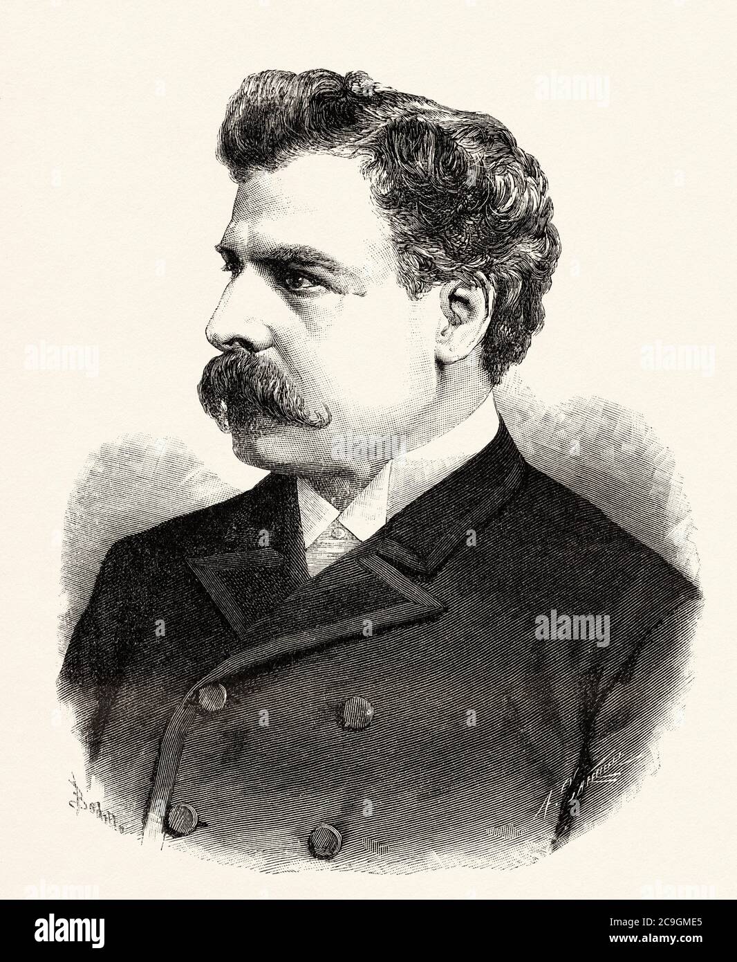 Portrait of Julio Herrera y Obes (Montevideo 1841 - 1912) Uruguayan politician, lawyer, journalist and constitutional president between the years 1890 and 1894, Uruguay. Old XIX century engraved illustration from La Ilustracion Española y Americana 1890 Stock Photo