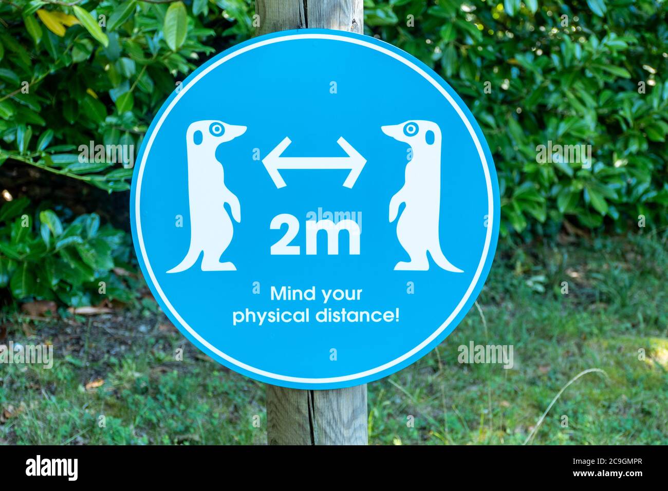 Amusing sign about coronavirus covid-19 social distancing safety rules at a zoo after lockdown eased, UK, July 2020 Stock Photo