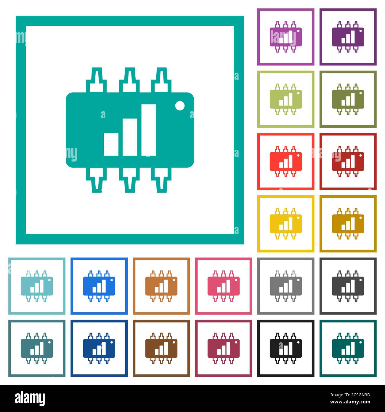 Hardware acceleration flat color icons with quadrant frames on white