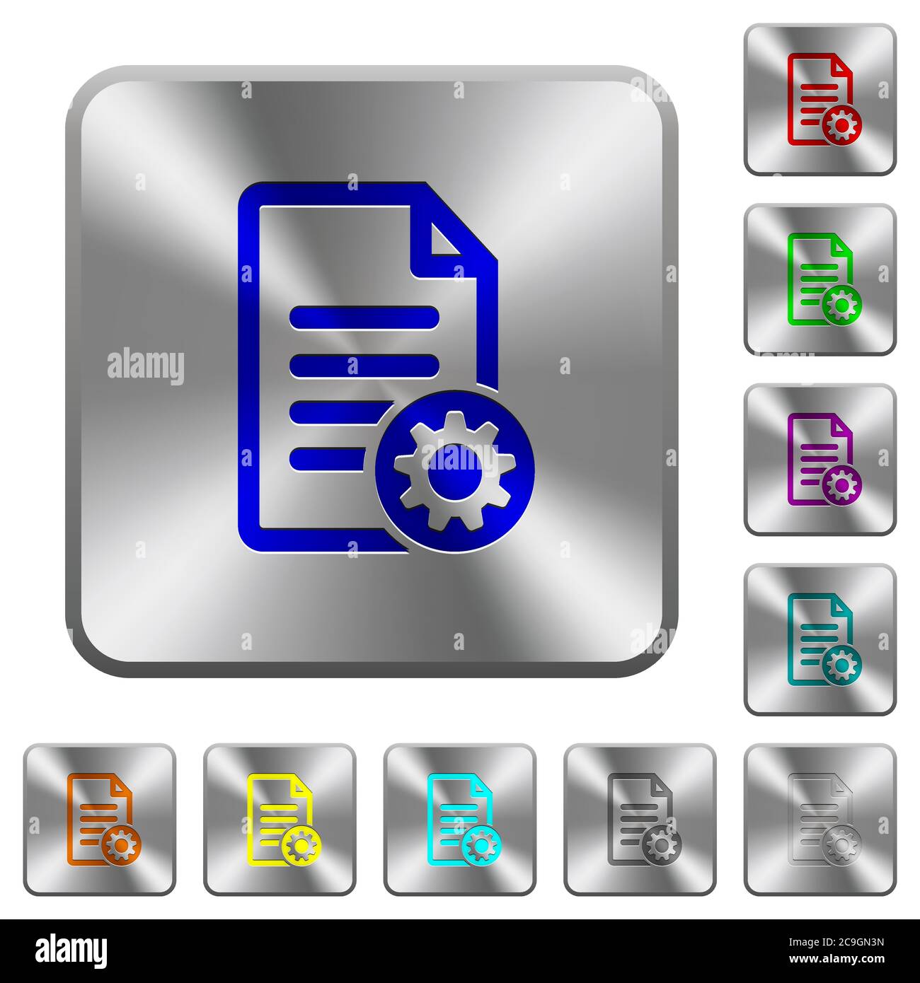 Document settings engraved icons on rounded square glossy steel buttons Stock Vector
